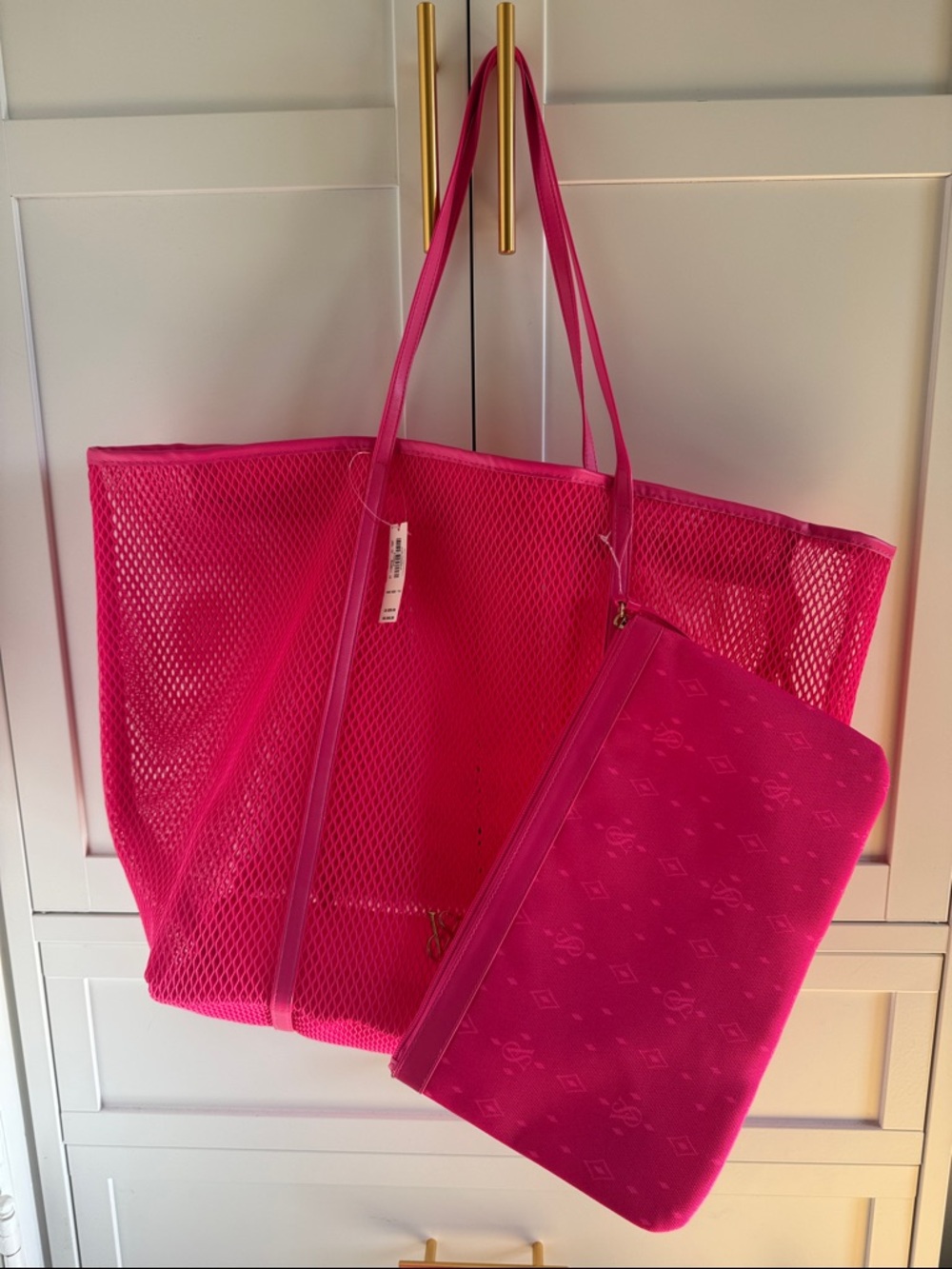 VS Victoria’s Secret Hot Pink Mesh Tote Beach Bag with Pouch